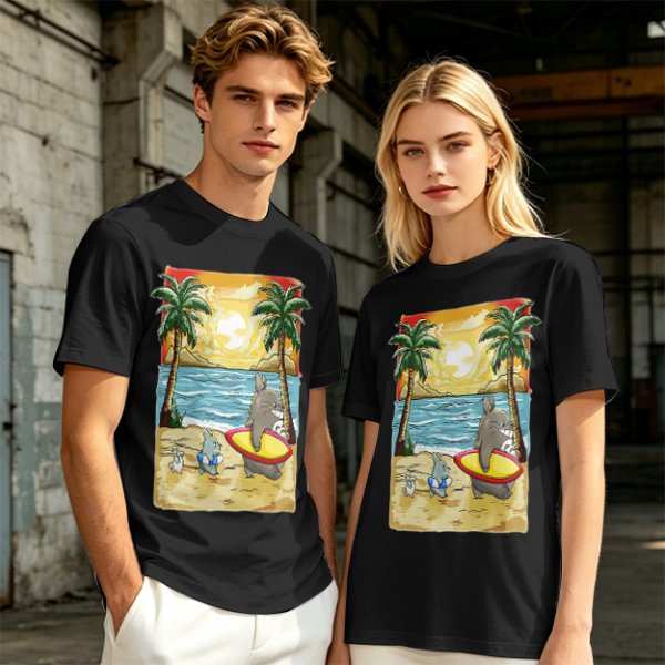 Olive T-Shirt with Beach Scene Print Featuring Totoro and Friends