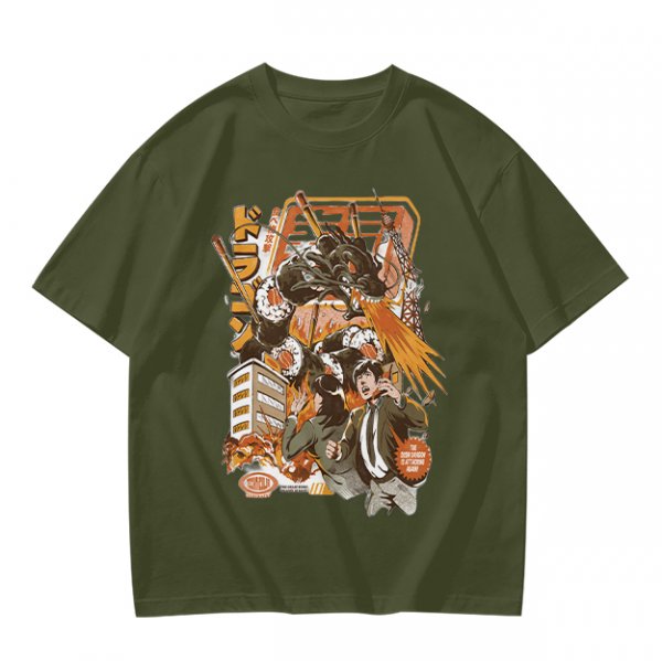 Olive green anime graphic t-shirt with monster and city scene