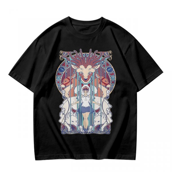 Olive green t-shirt with stained glass style forest spirit anime artwork