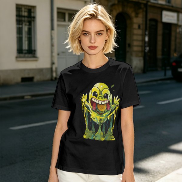 Olive T-Shirt With Playful Green Slime Monster Graphic