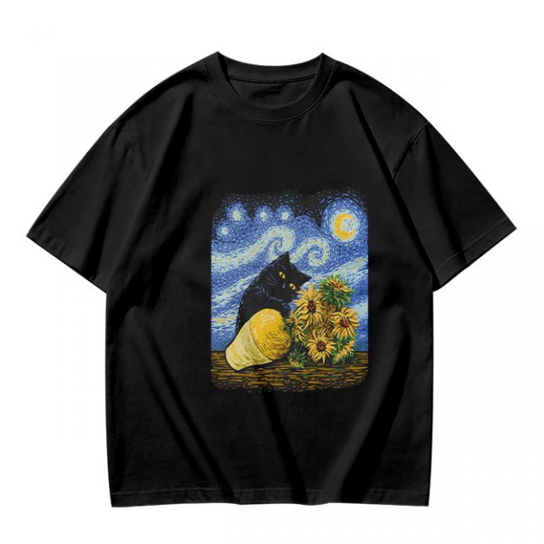 Olive T-Shirt with Starry Night Cat and Sunflowers Art Print