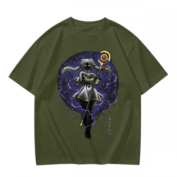 Olive T-shirt with dark anime elf mage holding staff and purple magic circle print