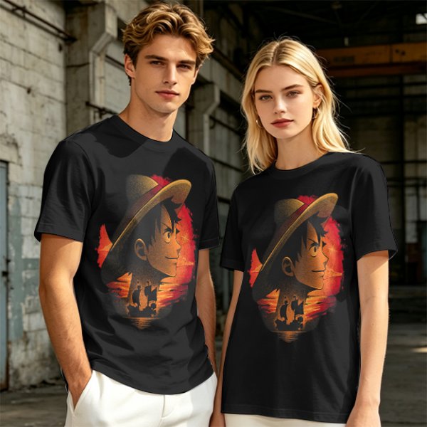 Olive T-Shirt Featuring Monkey D. Luffy Sunset Pirate Ship Art