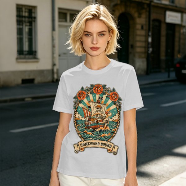Olive T-shirt with Pirate Ship Homeward Bound Tattoo Style Print