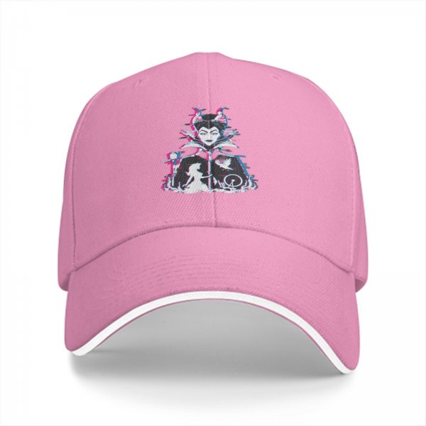 Black baseball cap with glitch-style Maleficent graphic print