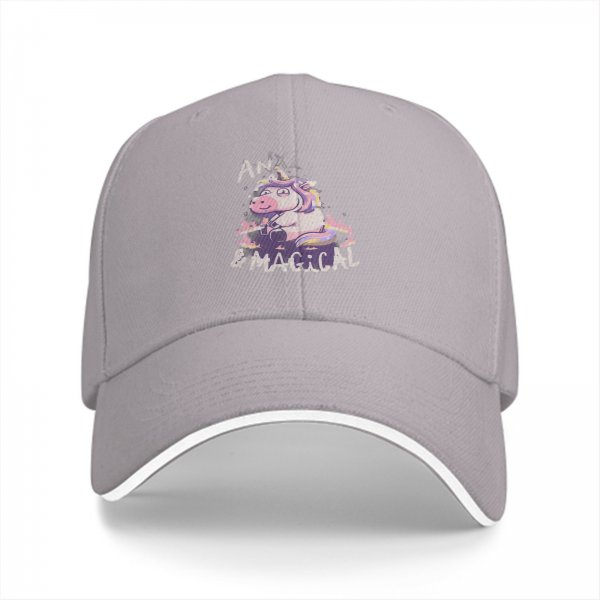 Black baseball cap with anxious unicorn and magical text design