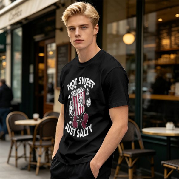 Olive T-Shirt with 'Not Sweet Just Salty' Cartoon Popcorn Print