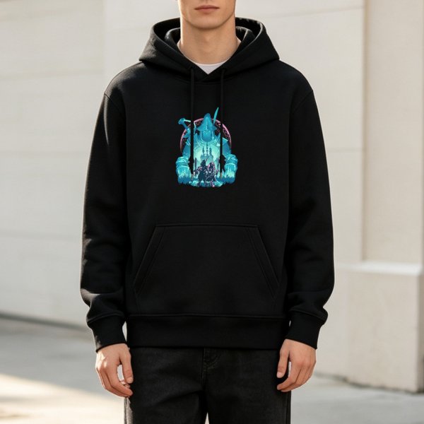 Black Hoodie With Fantasy Ice Castle Warrior Graphic Print