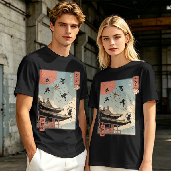 Olive T-Shirt with Ukiyo-e Style Ninja Temple Print