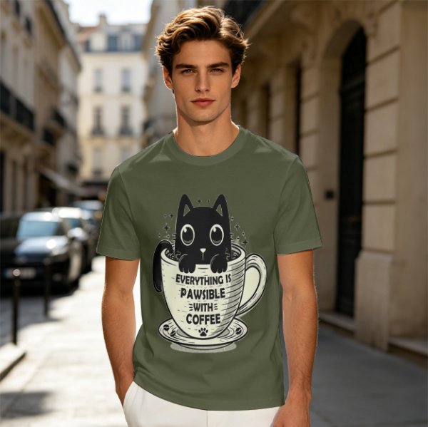 Olive T-Shirt With Black Cat In Coffee Cup 'Everything Is Pawsible With Coffee' Print