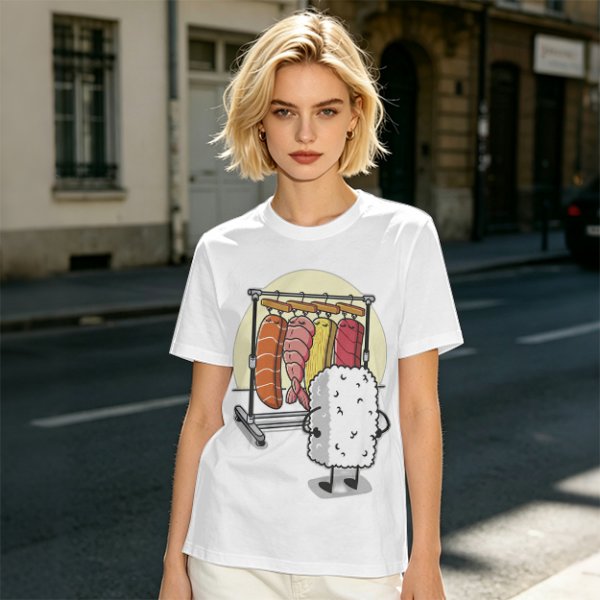 Olive T-Shirt With Funny Sushi Laundry Rack Graphic