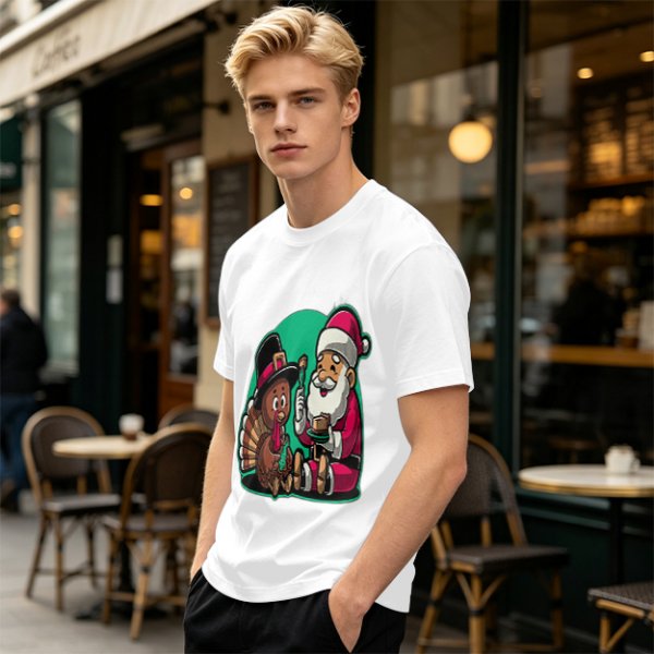 Olive T-Shirt with Santa and Thanksgiving Turkey Graphic