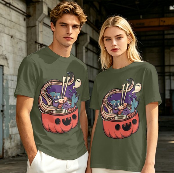 Halloween pumpkin ramen bowl with cute monster graphic t-shirt