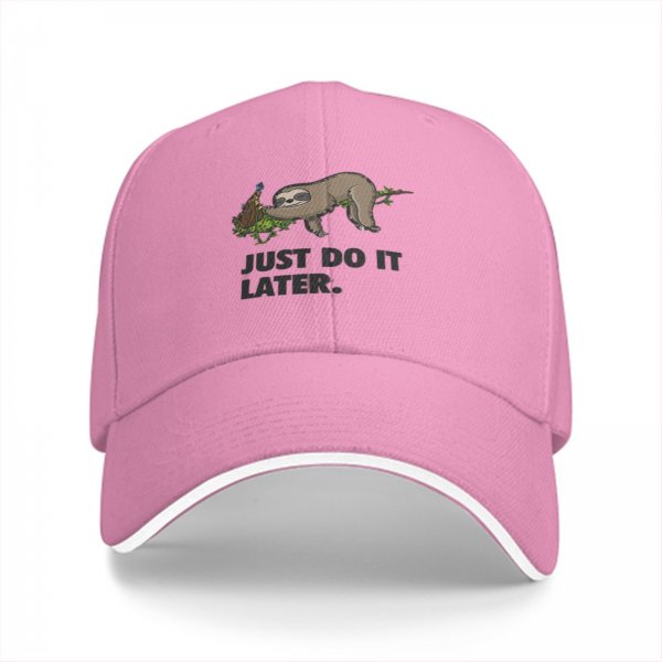 Black baseball cap with sloth graphic and 'Just Do It Later' text