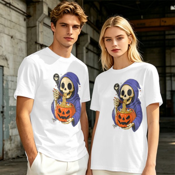 Grim Reaper Eating Ramen from Jack-o'-lantern Pumpkin Bowl T-Shirt