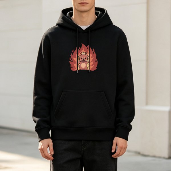 Black hoodie with angry otter in flames graphic that says I Cause