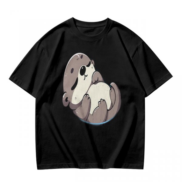 Olive Green T-Shirt with Cute Sleeping Otter Graphic