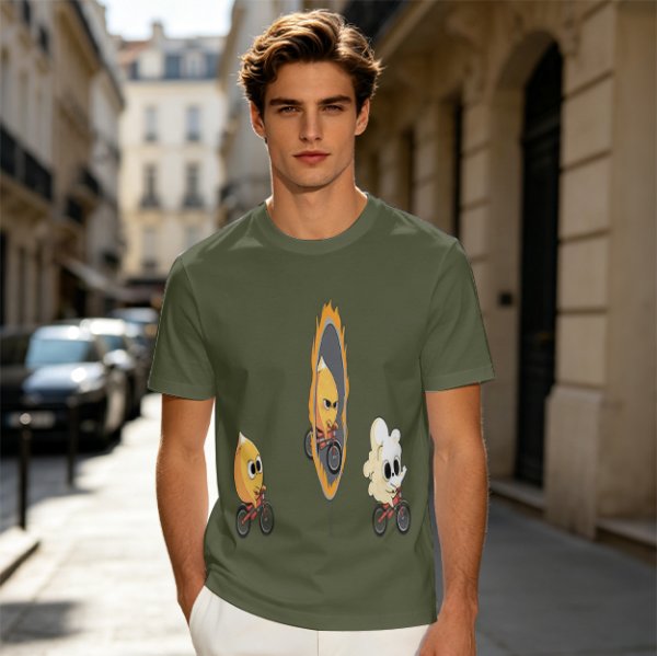 Olive T-Shirt With Cartoon Characters Riding Bikes Through Portal