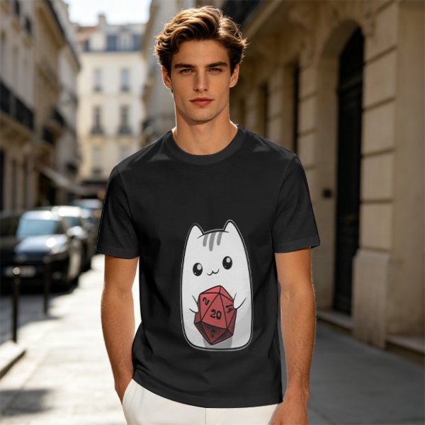 Olive T-Shirt With Cute White Cat Holding D20 Dice Print