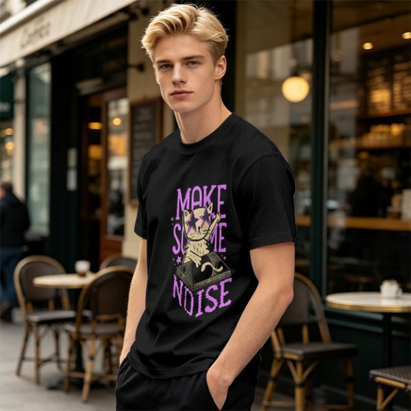 Olive T-Shirt with DJ Cat Graphic and Make Some Noise Text