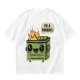 Olive green t-shirt with a cartoon dumpster on fire saying I'm a phoenix