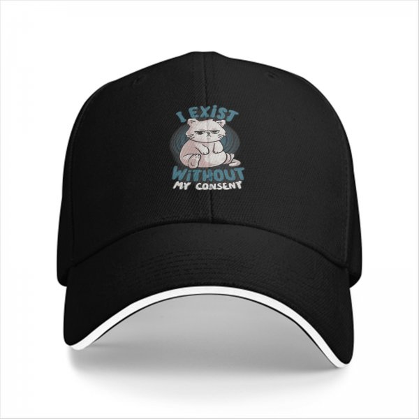 Black baseball cap with 'I Exist Without My Consent' grumpy cat print