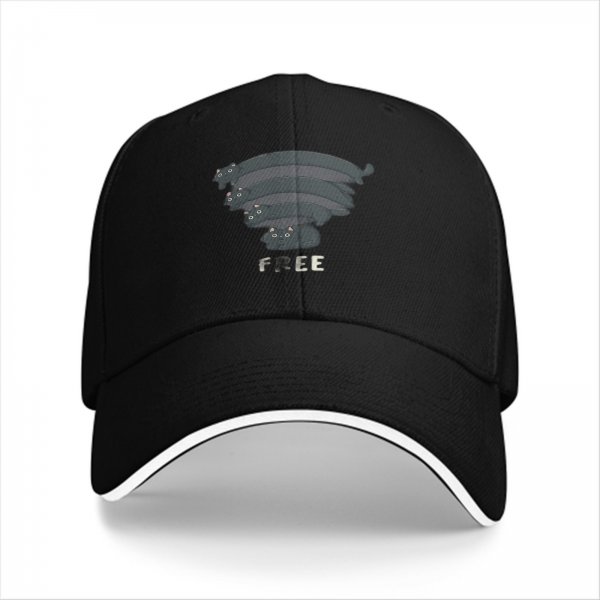 Black baseball cap with stacked cat graphic and 'FREE' text