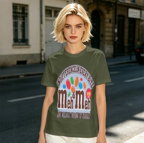 Meh and Meh novelty graphic t-shirt with indifference themed print