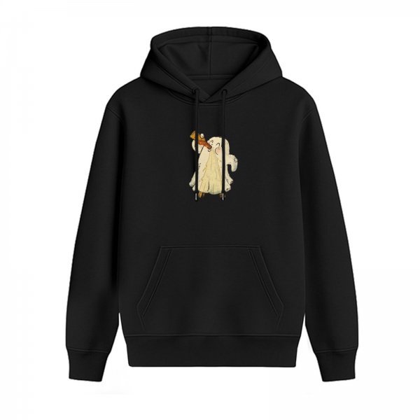 Black Hoodie With Cute Ghost Eating Pizza Graphic