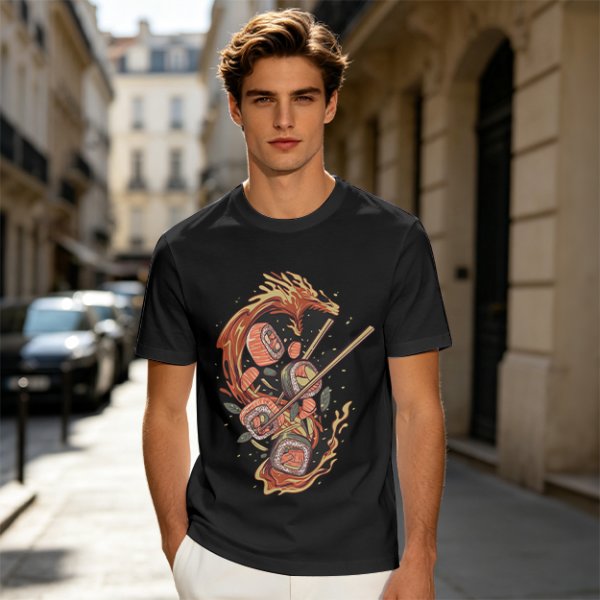 Olive T-shirt with Sushi Dragon Chopstick Art Print