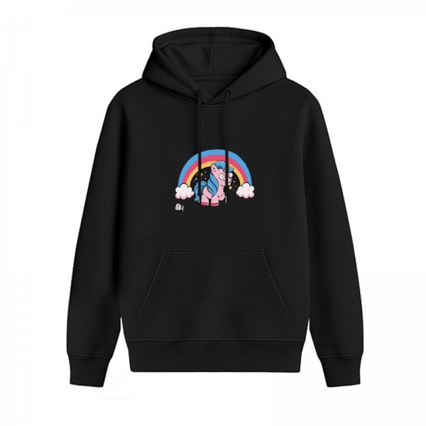 Black hoodie with a cartoon pink unicorn, rainbow and clouds graphic