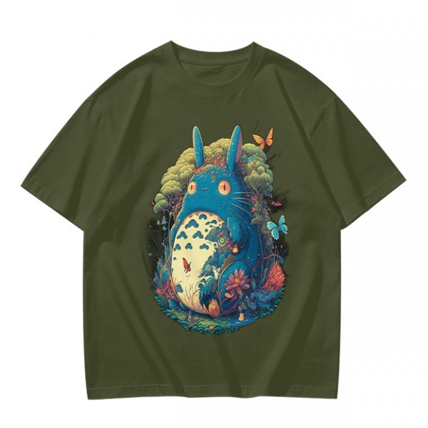 Olive T-Shirt with Whimsical Forest Spirit and Butterfly Print