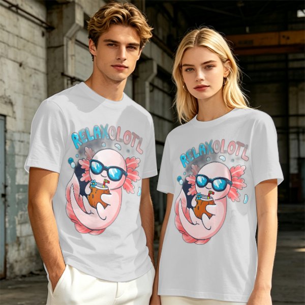 Olive t-shirt with a relaxed axolotl wearing sunglasses holding a drink