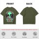 Olive green t-shirt with alien eating pizza text Just Here For The Pizza