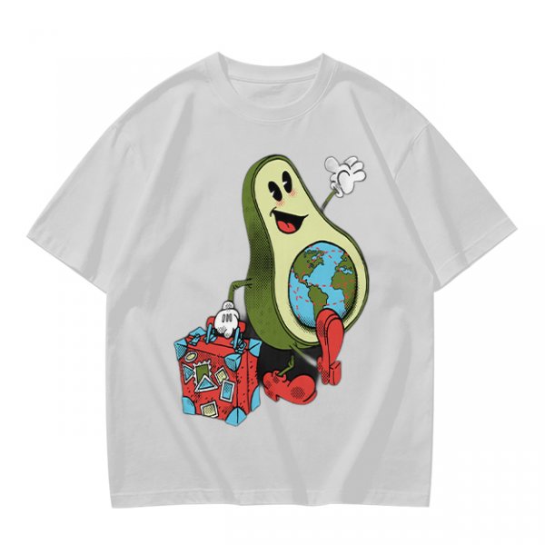 Olive T-Shirt with Cartoon Avocado Globe Travel Print