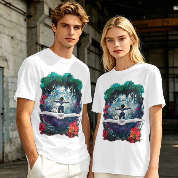 Olive T-shirt with fantasy forest glider rider graphic print