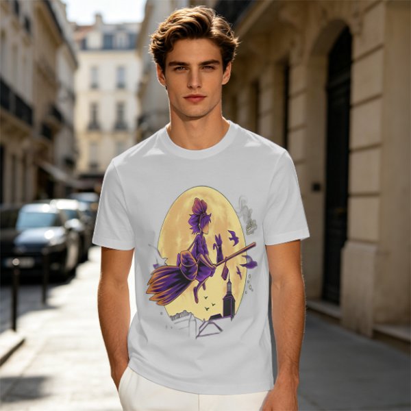 Olive t-shirt with witch flying on broom against full moon