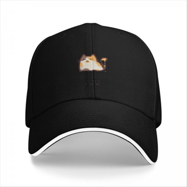 Black baseball cap with cute chubby calico cat graphic