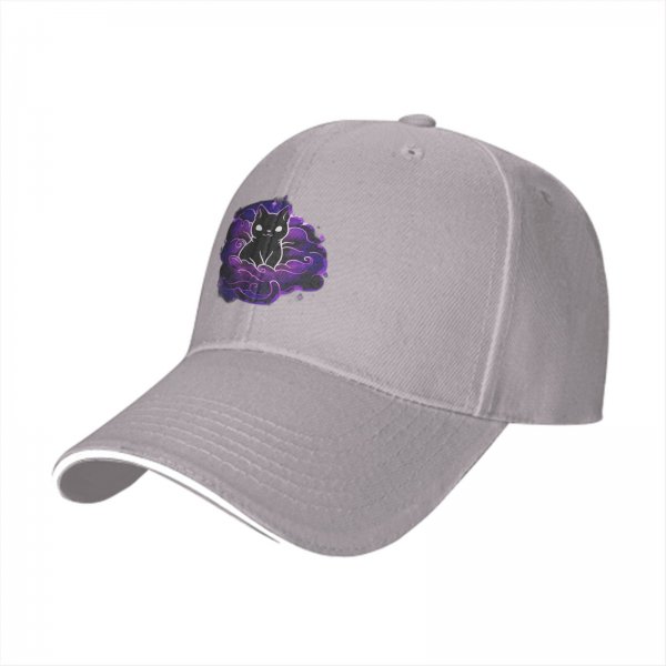Black Baseball Cap With Purple Galaxy Cloud And Black Cat Print