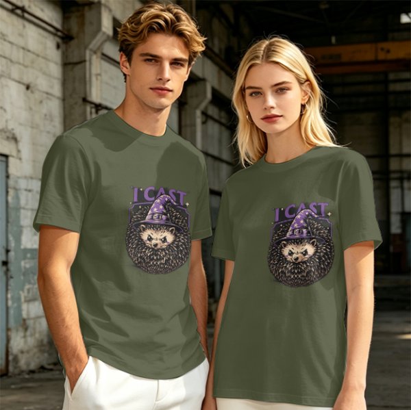Olive green t-shirt with a hedgehog wizard graphic and 'I CAST' text