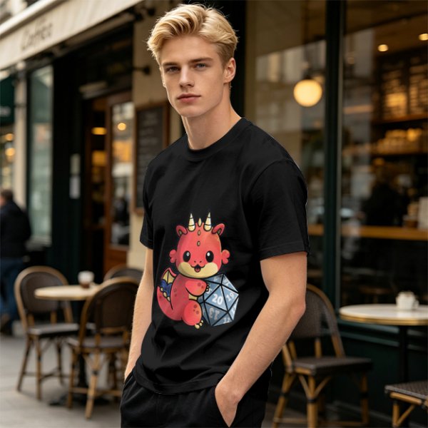 Cute Red Dragon Holding D20 Dice Graphic T-Shirt
