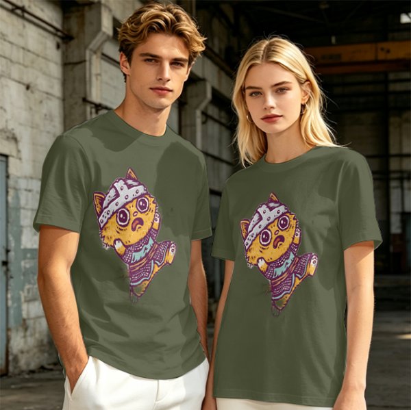Olive T-Shirt With Scared Viking Cat Graphic Print