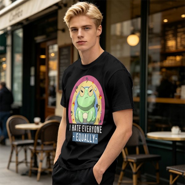 Olive T-Shirt With Grumpy Frog 'I Hate Everyone Equally' Print