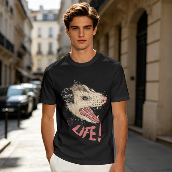 Olive T-Shirt With Aggressive Opossum 'LIFE!' Graphic Print