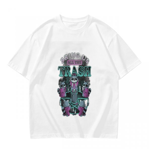 Olive graphic t-shirt with raccoons and 'Bring Us All The Trash' text