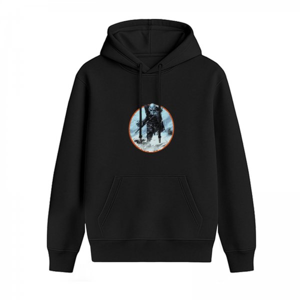 Black hoodie with a snowy warrior graphic print
