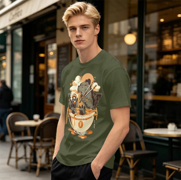 Olive T-Shirt Featuring Godzilla Eating Ramen Noodles