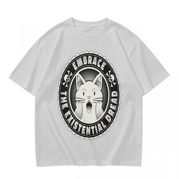 Olive t-shirt with 'Embrace the Existential Dread' screaming cat graphic