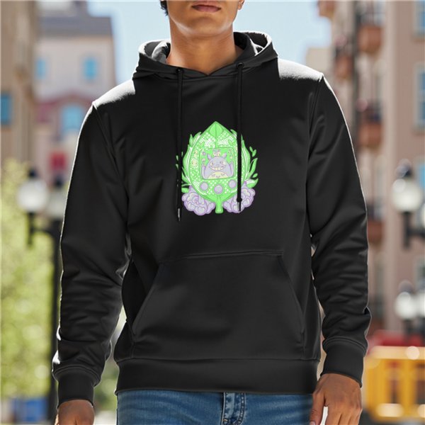 Black hoodie with green leaf and purple creature graphic