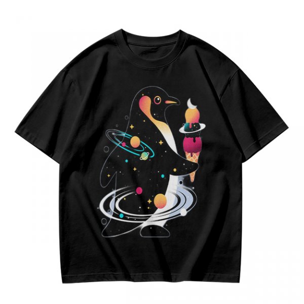 Olive T-Shirt With Cosmic Penguin And Ice Cream Print